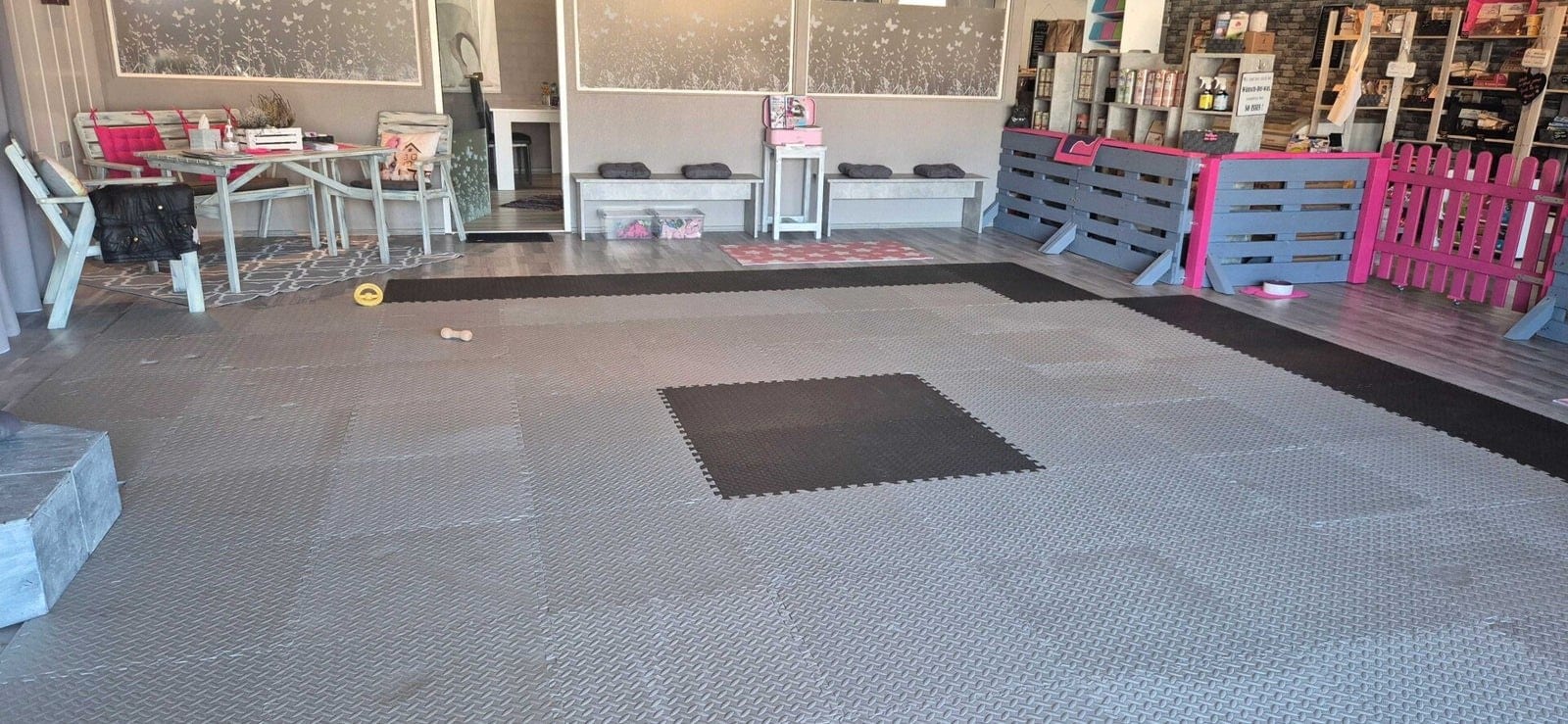 Der Trainingsraum von DOG 2Unit mit gepolstertem Boden und pinkfarbenem Welpen-Gehege