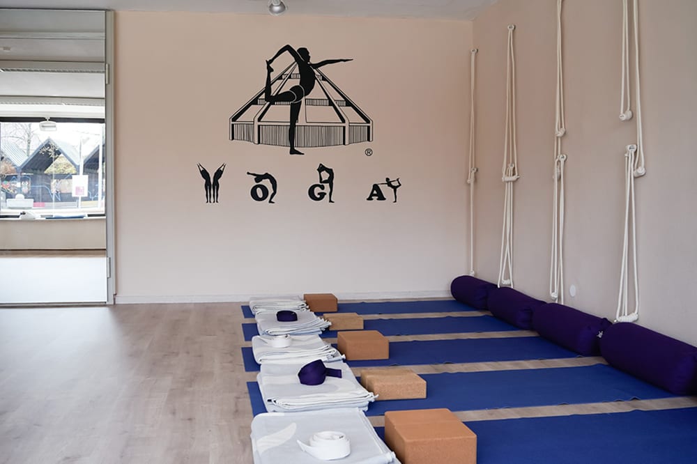 Vorbereiteter Yoga-Raum im Iyengar Yoga Loggia: Matten, Klötze und Decken liegen bereit, an der Wand die Iyengar-Wandseile