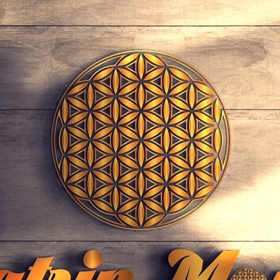 Die goldene Blume des Lebens aus dem Katrin-Move-Logo auf Holz