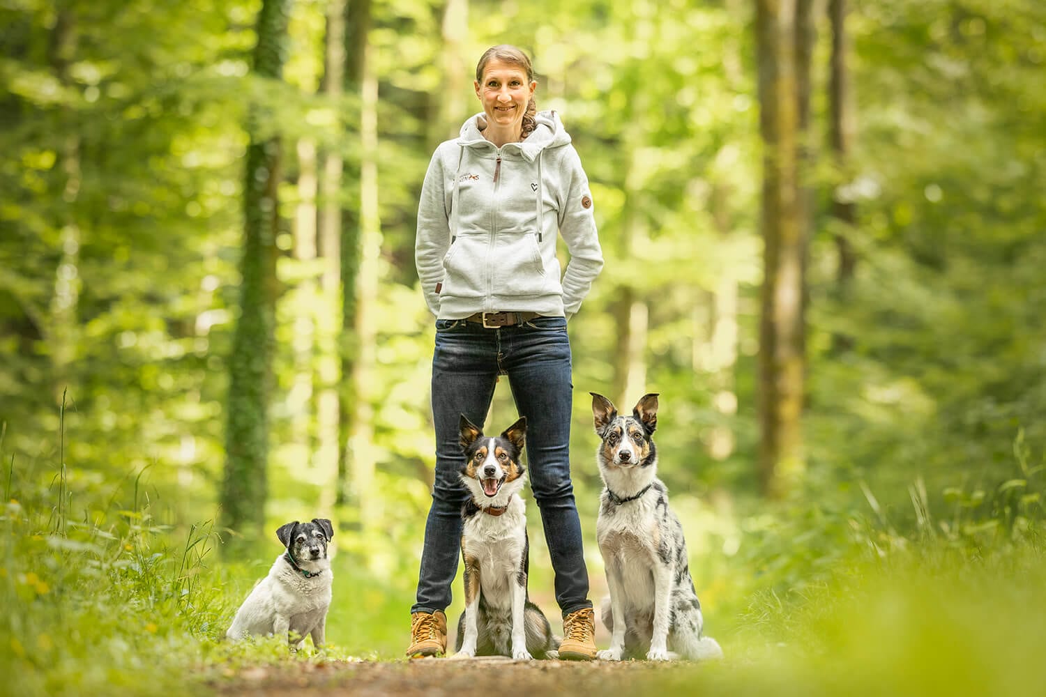 Eine Trainerin der Hundeschule steht mit drei aufmerksam sitzenden Hunden auf einem Waldweg