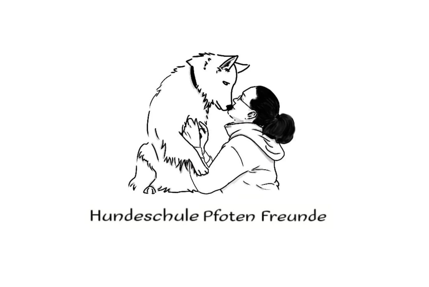 Gezeichnetes Logo der Hundeschule Pfoten Freunde: eine Frau Nase an Nase mit einem Hund