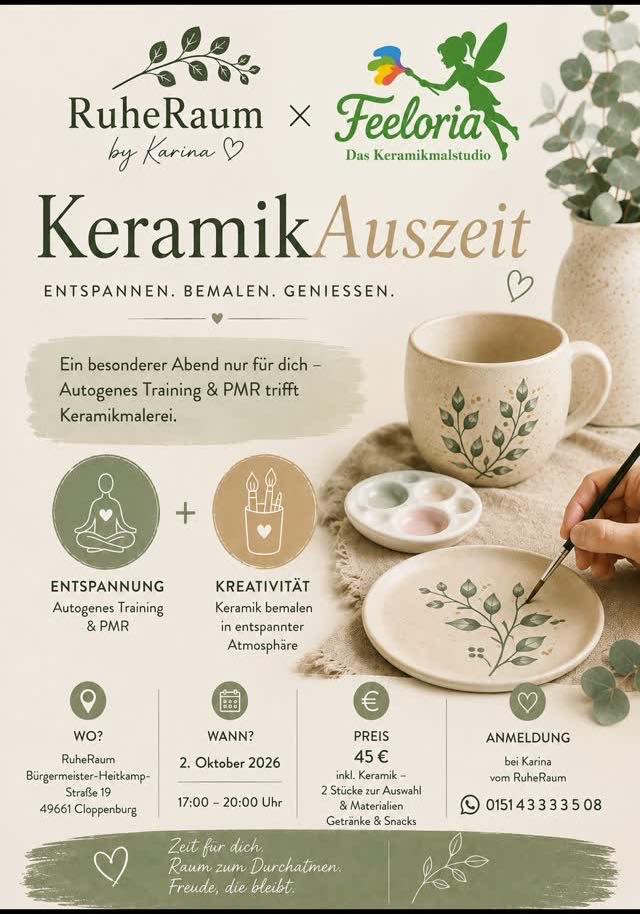 Ankündigung der KeramikAuszeit am 2. Oktober 2026, 17 bis 20 Uhr, 45 Euro, gemeinsam mit dem Keramikmalstudio Feeloria