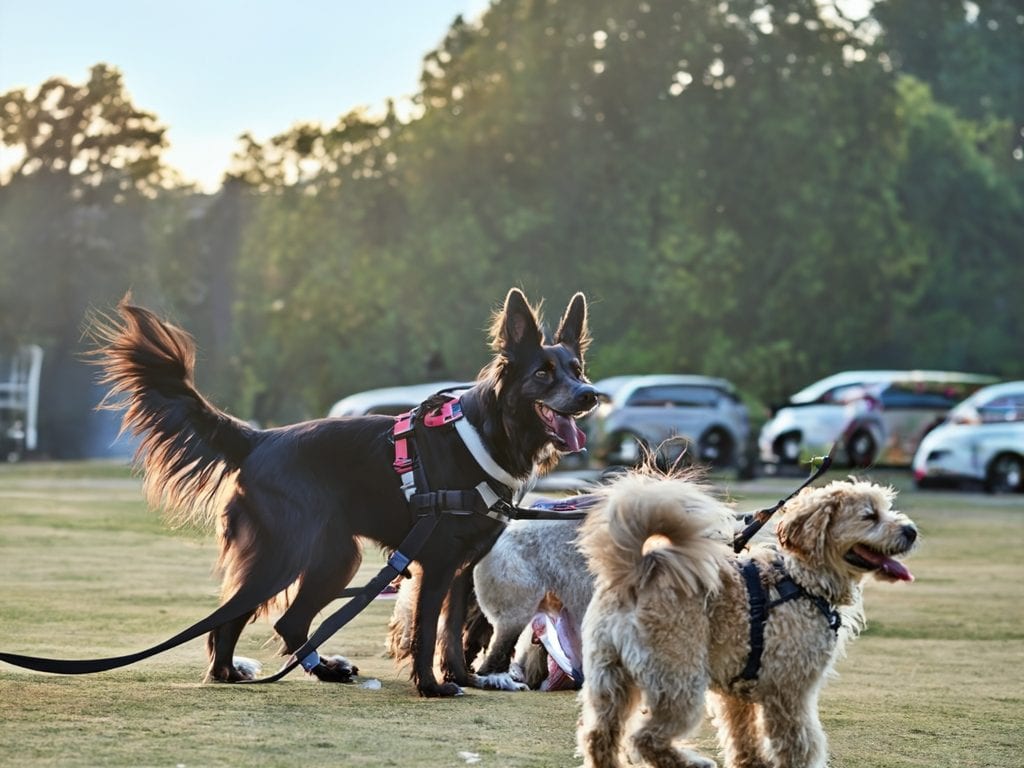 Vier Hunde stehen mit ihren Menschen auf einer Wiese im Abendlicht, einer trägt ein pinkes Geschirr
