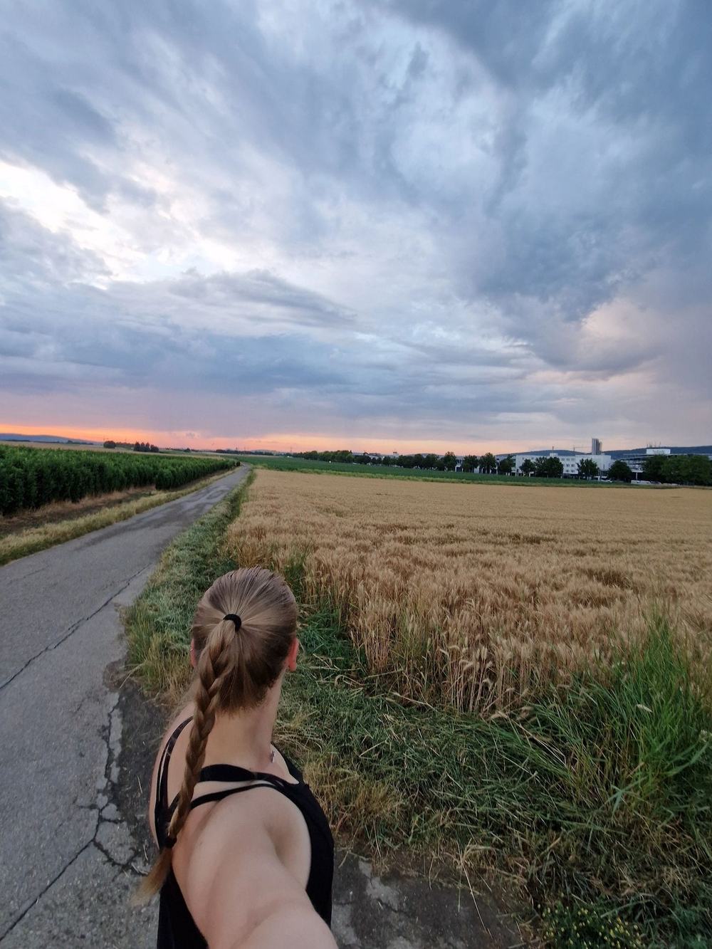 Sabrina läuft abends an Feldern bei Fellbach entlang