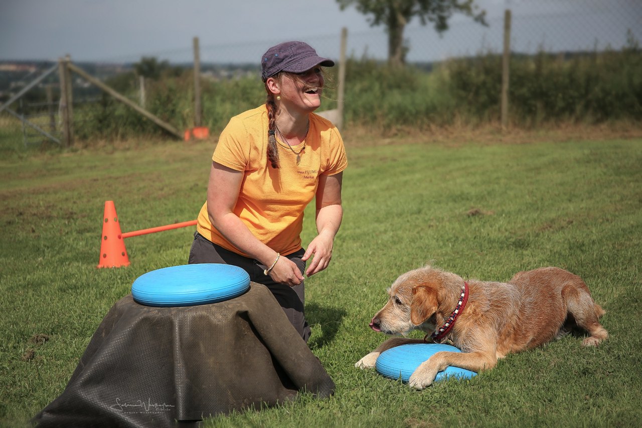 Anja Bleher lacht beim Training mit einem Hund auf der Wiese